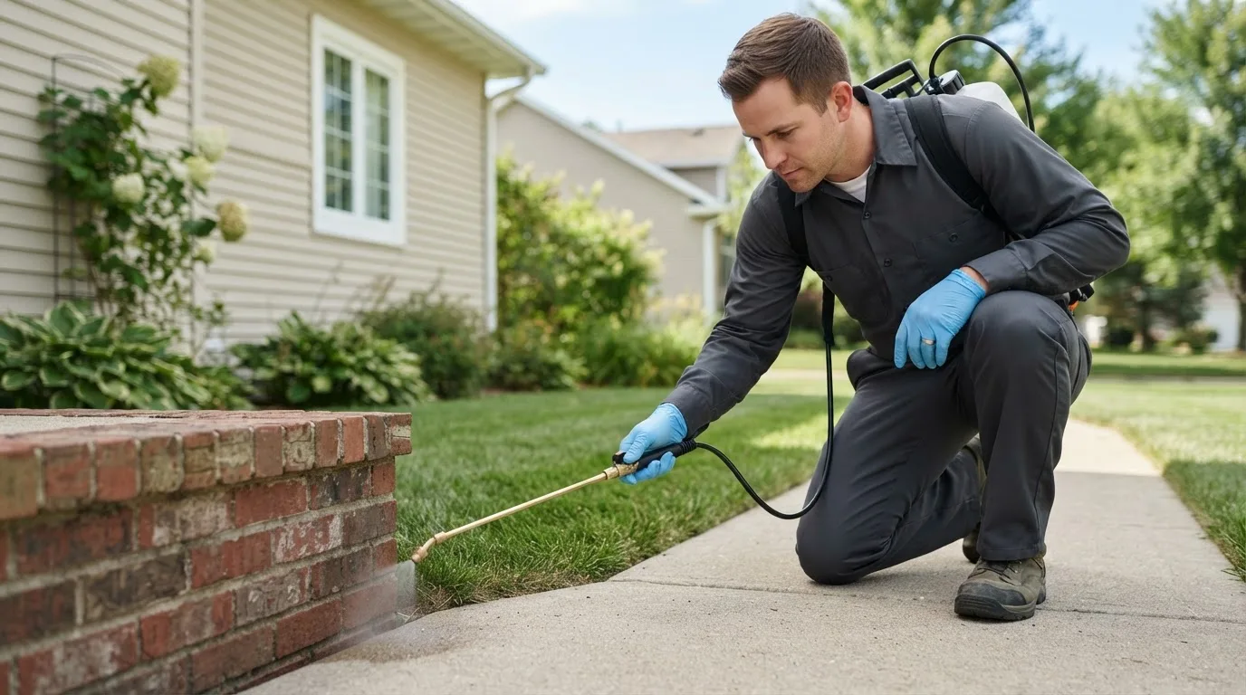 Pest control technician treating a home near Benton Harbor, MI