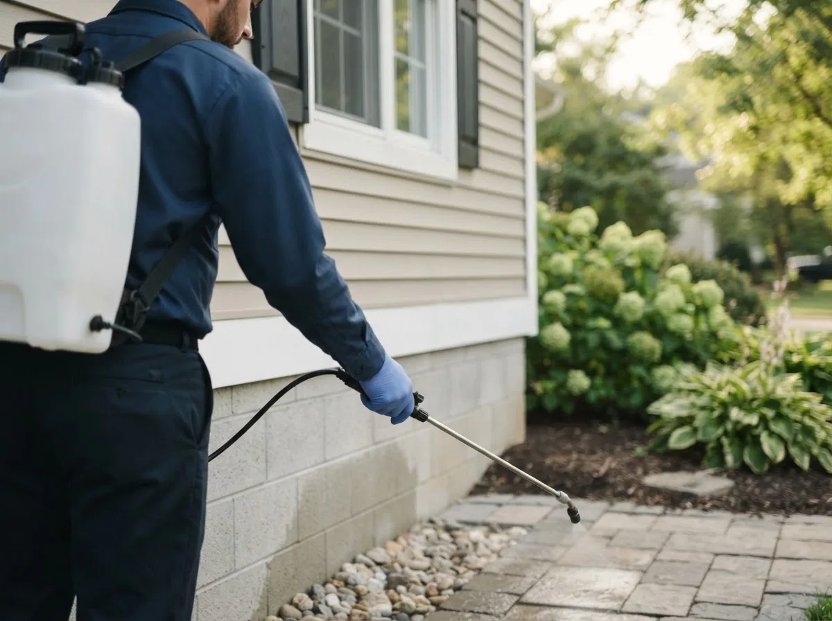 Pest control technician inspecting a home in Benton Harbor, MI